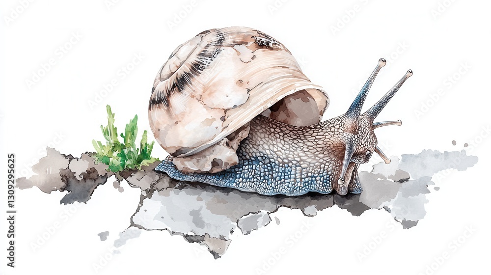 Poster intricate snail shell in a whimsical watercolor landscape a close up rendering of a delicate snail s