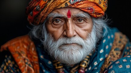 Obraz premium Portrait of Elderly Man with Turban and Rich Textiles. Generative AI