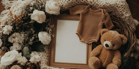 Cozy Heartwarming Pregnancy Announcement with Baby Accessories on Neutral Background
