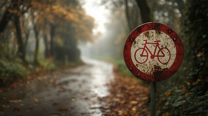 Rusty bike path sign, autumn forest road, misty day, travel