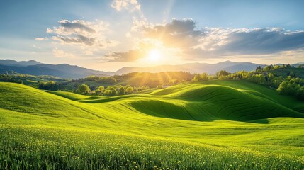 Obraz premium Vibrant Sunset Over Rolling Green Hills