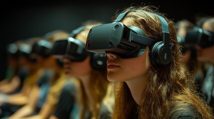 Group of students using virtual reality headsets in a classroom for an immersive educational experience. Generative AI