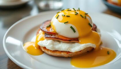 Delicious Egg Benedict Served On A White Ceramic Plate