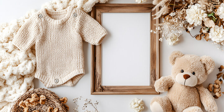 Cozy Neutral Baby Announcement Scene with Knitted Onesie
