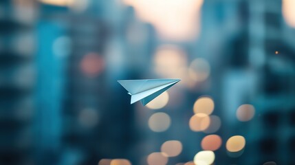 Paper Airplane Soaring Over Cityscape At Sunset