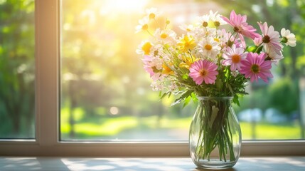 Colorful Flower Bouquet in Glass Vase on Windowsill