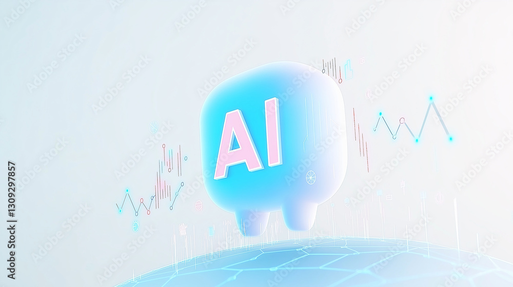 Aufkleber ai data visualization: a stylized depiction of a 3d-rendered ai icon overlaid on a financial graph.