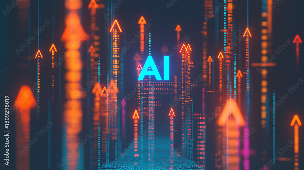 Aufkleber ai innovation: a digital representation of artificial intelligence is shown with up-arrows, visualiz