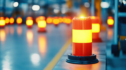 Glowing safety markers in warehouse ensure hazard awareness. Warehouse safety systems featuring glowing hazard