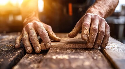 Carpenter's hands shaping wood, workshop background, craftsmanship