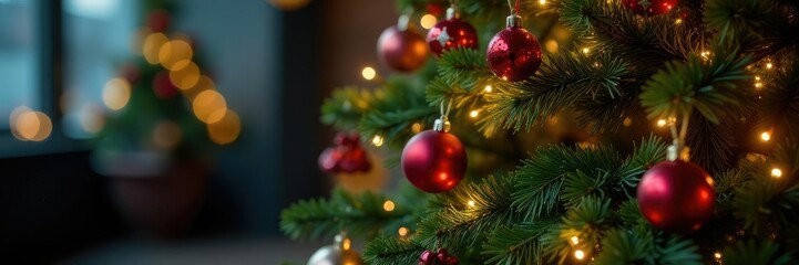 Fototapeta premium Decorated Christmas tree with ornaments and lights, ornaments, wreaths, seasonal