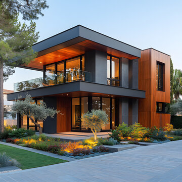 This stunning stock photo showcases a beautifully crafted modern house design featuring a bold and sophisticated facade with a warm color palette and exquisite attention to detail.