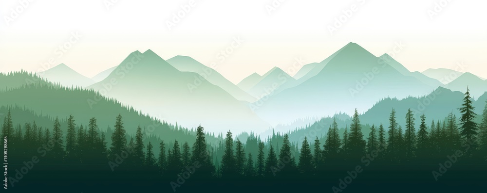 Poster serene minimalistic vector illustration of a tranquil forest landscape with layered mountains and so