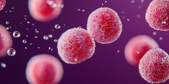 Floating strawberry bonbons with sugar coating on a rich plum purple background