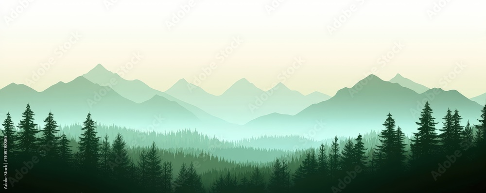 Poster Serene Simple Minimalistic Vector Illustration of Tranquil Forest Landscape with Soft Hues and Layered Mountains in the Background