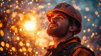 Close-up of a construction worker looking up while welding with sparks flying around their face in an industrial environment. Generative AI