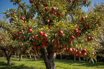 Apple trees laden with ripe fruit during summer