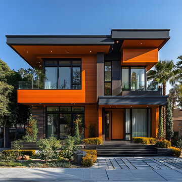 This stunning stock photo showcases a beautifully crafted modern house design featuring a bold and sophisticated facade with a warm color palette and exquisite attention to detail.