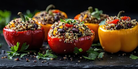 Floating stuffed bell peppers with quinoa and black beans on a jet black background
