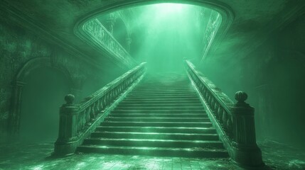 Mysterious green staircase leading upward, ancient building.