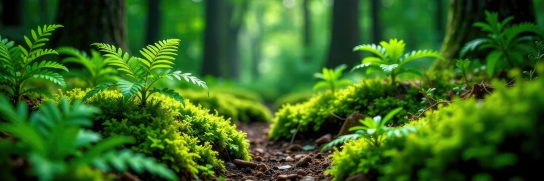Deep forest floor covered in moss and ferns with Veratrum viride growing among them, earthy tones, greenery