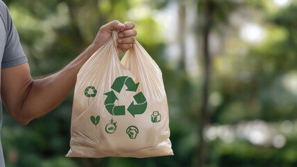 Man holding biodegradable plastic bag promoting recycling in nature