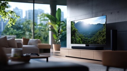 Modern living room with large screen TV showing scenic nature landscape, stylish furniture, and city view.