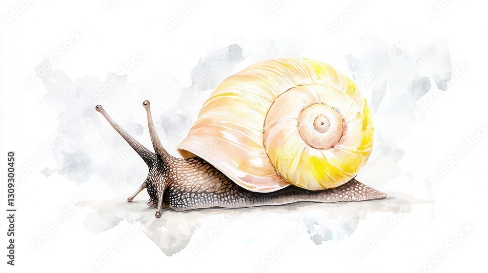 Poster delicate watercolor painting of a snail with an intricate spiral shell pattern resting on a minimali
