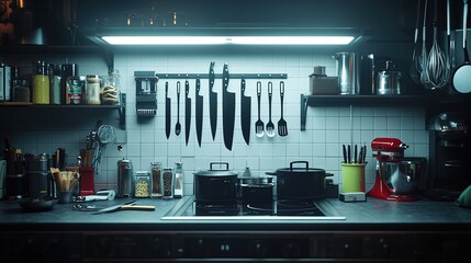 Modern Kitchen Night Scene With Cookware and Ingredients