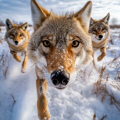 Naklejka premium Three Coyotes Running Through Snowy Field in Winter