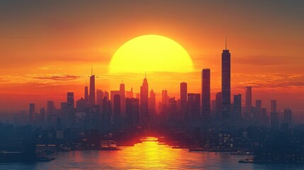 Obraz premium Sunset cityscape silhouette, vibrant orange hues, calm water.