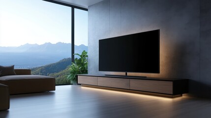 Fototapeta premium Modern living room with large TV, minimalist furniture, and stunning mountain view.