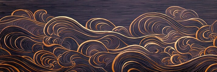 Elegant Pattern of Swirling Ocean Waves Rendered in Warm Tones Featuring Dynamic Movement and Fluid Lines for Artistic Decor and Designs, A golden line waves  Japanese