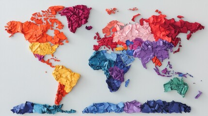 A colorful map of the world made from crumpled paper, showcasing various continents and regions in vibrant hues.