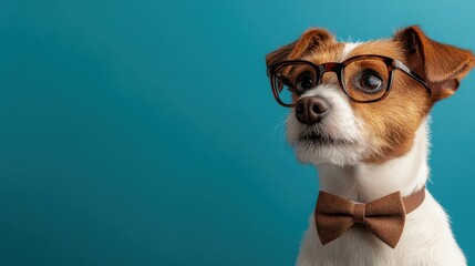 This stylish dog sports round glasses and a bowtie, emanating both charm and wit against a striking turquoise background, ideal for pet fashion enthusiasts.