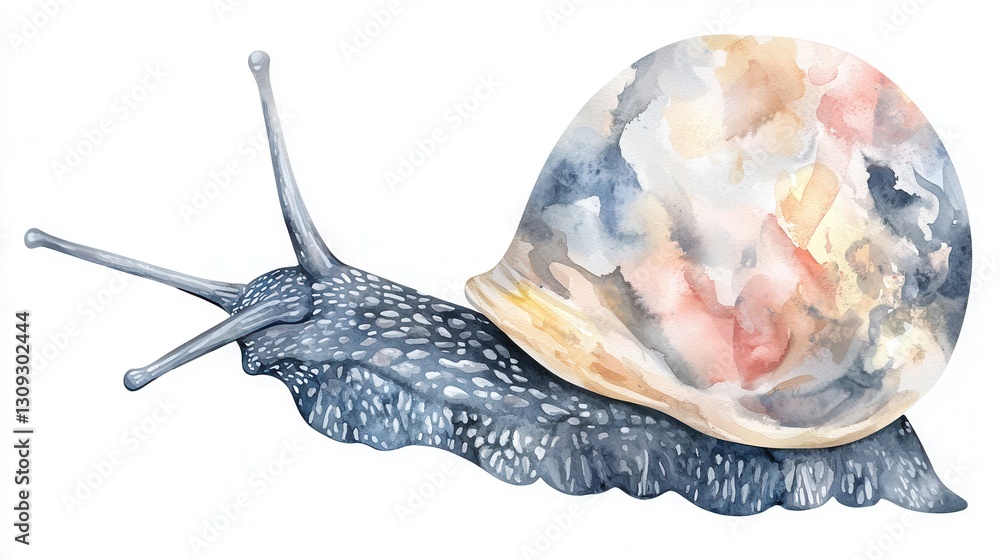 Poster elegant and detailed watercolor composition of a snail shell in soft pastel colors with intricate pa