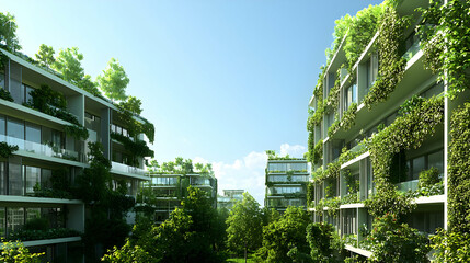 Modern Eco-Friendly Apartment Buildings Covered In Lush Greenery Under Blue Sky