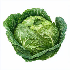 Obraz premium A whole green cabbage with tightly packed leaves and a slightly waxy texture, isolated on a white background