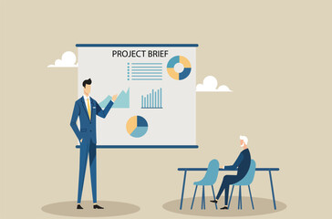 Presenting the project plan. Businessman leading a project briefing, outlining goals, strategies, and workflow on a whiteboard. Project management and teamwork concept.