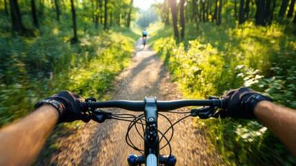 Dynamic Mountain Biking Adventure in Lush Green Forest Path