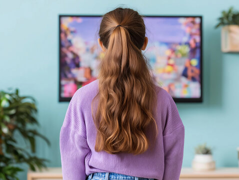 Young girl watching television at home, cozy living room setting