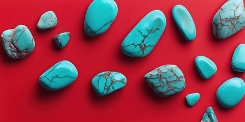 Floating turquoise stones with a smooth matte finish on a bold red background