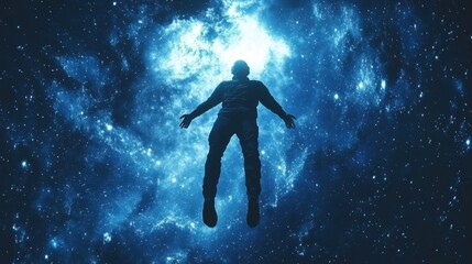 Naklejka premium Astronaut Floating in Cosmic Space with Blue Nebula Background