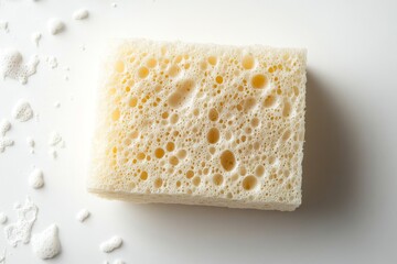 Cleaning Sponge with Soap Suds Close Up Texture Household Cleaning Item White Background