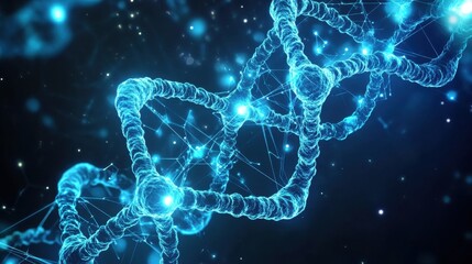 High-tech molecular structure with floating atoms, neurons, and DNA chains, interconnected by neon blue energy lines on dark background