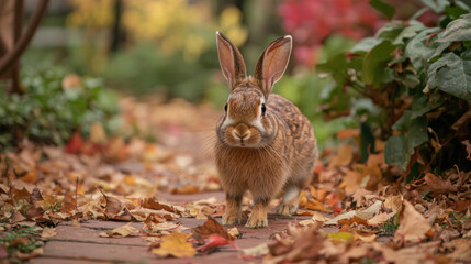 Obraz premium playful bunny hops along garden path covered with colorful autumn leaves, surrounded by vibrant foliage