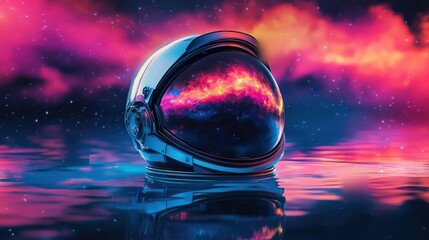 Astronaut Helmet Reflected in Cosmic Water Under Vibrant Sky