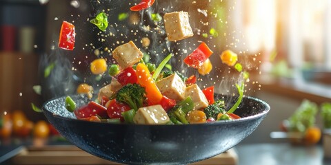 Fototapeta premium Floating vegetable stir-fry with tofu on a blurred kitchen background
