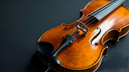Fototapeta premium Detailed Close-up Of A Brown Wooden Violin On A Dark Black Background With Shadows