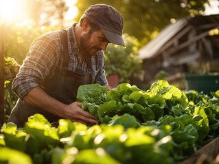 A farmer harvesting fresh lettuce from a lush organic garden, morning sunlight filtering through
